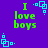 Static image with purple background displaying green text "I love boys" and cyan square-dot patterns.