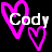 Pixelated static icon featuring a large pink heart outline with the name "Cody" in white text overlaid, accompanied by a smaller pink heart outline on a black background.