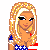 Pixelated cartoon woman with blonde hair and American flag-themed clothing, surrounded by red, white, and blue text elements.