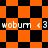 A static image with orange and black checkered patterns, displaying repeated text 'woburn <3' in white pixelated font.