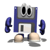 Blue floppy disk-shaped character with large black eyes, blue gloves, and beige feet on a gray background, showing multiple poses.