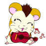 Two cartoon hamster characters with brown spiky hair and pink ears play red guitars against a gray background, one winking while the other has closed eyes.