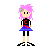 Pixelated character with pink hair and green streaks wears black top, blue skirt, black shorts, and black shoes; shirt symbols change across frames.