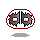 Pixelated cartoon face with red border, gray and white facial features, pink mouth, and small white side elements in multiple expressions.