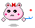 Pixelated pink and blue cartoon character with red bow, holding candle-like object, showing multiple facial expressions and color variations.
