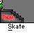 Pixelated skater character in green shirt and brown pants on gray background with red 'POLL' text above steps, labeled 'Skate' below.