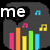 Four quadrant with text and symbols: top-left 'me' over audio bars, top-right 'and', bottom-left 'him', bottom-right 'together forever' on purple lightning