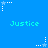 Blue background with repeating pixelated 'Justice' text and white star icons connected by dotted lines.