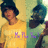Pixelated image of two figures in yellow and green backgrounds with purple text on the yellow figure's shirt.