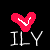 Two side-by-side pixelated red hearts with white zigzag lines over black background, each above gray 'ILY' text.
