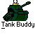 Green pixel-art tank with yellow turret base and white top, firing yellow muzzle flash, under "Tank Buddy" text on gray background.