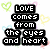 Black text blocks on white background with colorful heart outlines; gray rectangle in bottom-right corner.