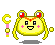 Pixelated yellow character with red hair accessories, pink cheeks, and a crescent moon staff, shown in four animated states with changing expressions and sparkles.