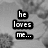 Black and white pixelated text blocks on a blurred background, with 'he loves me...' stacked left and 'not' right.