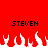 Red background with two black 'STEVEN' texts and white pixelated flames at the bottom.