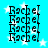 A static image with four identical of the name "Rachel" repeated vertically in black pixelated text on a bright cyan background with white star shapes