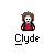 Pixel art character with brown hair and red outfit under gray background, labeled 'Clyde' with one variant showing a speech bubble.
