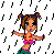 A 4x3 contact sheet of a pixel-art dancing character with pigtails in a bikini top and green skirt, set against rain streaks with blue text reading "DANCING IN THE RAIN" on the right.