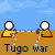 Animated contact sheet of a pixel art stick figure running on brown ground with blue sky background, repeating the phrase "Tugo war" below each frame.