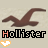 Brown seagull silhouette in flight above 'Hollister' text with animated heart or flame symbols below, on beige background.