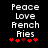 Black background with white pixelated text reading Peace Love French Fries and five red asterisk symbols below.