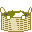 Pixelated cat-like creature with green and white fur peeks from a woven basket, displaying multiple facial expressions