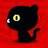 Black cat-like character with yellow eyes on red background, right side shows text on black background.