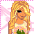 Pixelated cartoon icon of a blonde woman with long hair holding greenery, surrounded by pink starry background and blue text reading "Single and need someone to DANCE with!!"
