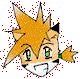 Two side-by-side pixelated anime-style character head views with orange spiky hair, green eyes, and white mouth area against gray background.