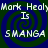 Blue background with green spiral patterns and repeated white text reading "Mark Healy Is SMANGA" in a