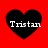 Four black heart shapes on a red background, each containing the text 'Tristan' in white pixelated font.
