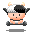 Pixel art animation of a cow-headed character lifting weights in four frames with subtle facial and limb changes.