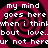 A static image with four identical spiral patterns in red and black, overlaid with white text repeating 'my mind goes here when i think about love. but not here.'