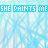 Animated icon with repeating text banners and blue scribbles, featuring small heart shapes floating upward against a light background.
