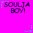 Pixelated text 'SOULJA BOY!' in dark purple on bright pink background with cyan and light purple star-like sparkles.
