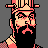 Pixel art portrait of a character with black hair, red facial features, and a checkered pattern on the shoulder against gray background.