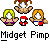 Pixel art of four female characters with exaggerated features, displayed in two above text reading "Midget Pimp" on a gray background