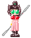 Pixel art character with brown hair in a bun, green eyes, red top, pink skirt, black boots, and silver staff, shown in six sequential poses with varying arm positions and eye states.