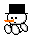Pixelated snowman with black top hat, orange carrot nose, and white body against gray background.