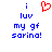 Blue pixelated text reads 'i luv my gf sarina!' with a red heart symbol replacing the word 'love' in the first frame, while the second frame shows identical text without the heart.