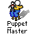 Animated contact sheet of a pixel art puppet master icon showing five sequential frames with the character in different poses and actions, each labeled "Puppet Master" below.