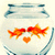 Pixelated image of a glass fishbowl containing two orange-red koi fish facing each other with an orange heart between them.
