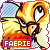 A pixelated bird-like creature with orange and yellow feathers, white eyes, and a purple beak, positioned above the text 'FAERIE' on a blue striped background.
