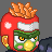 Pixel art character with red helmet, green face, orange spiky hair, yellow nose, pink cheeks, and white eye patches.