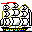 Pixelated ship with three figures on deck, red mast top, yellow and blue hull details, black base, green structural elements.