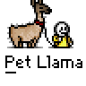 A 4-frame animated contact sheet showing a pixel art llama and stick figure character in various poses with text "Pet Llama" below each frame.