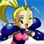 Pixelated anime-style character with blonde pigtails, pink top, and blue sleeves in three sequential poses against a blue sky background.