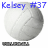 A pixelated gray sphere with a diagonal crack, blue text reading 'Kelley #37' above it and dark pixels below.
