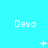 Pixelated cyan background with repeated white 'Devo' text and changing small symbols above each