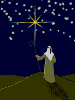 Animated scene of a robed figure holding a staff with a glowing star, standing on a hill under a dark blue sky filled with white specks.
